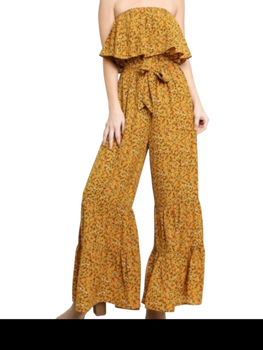 Umgee USA XL Mustard Floral Off Shoulder Ruffle Bell Bottom Jumpsuit Boho70s